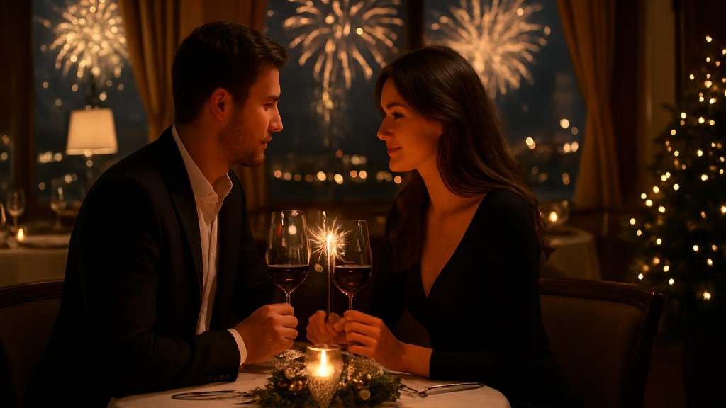 Coppia durante una cena romantica di Capodanno